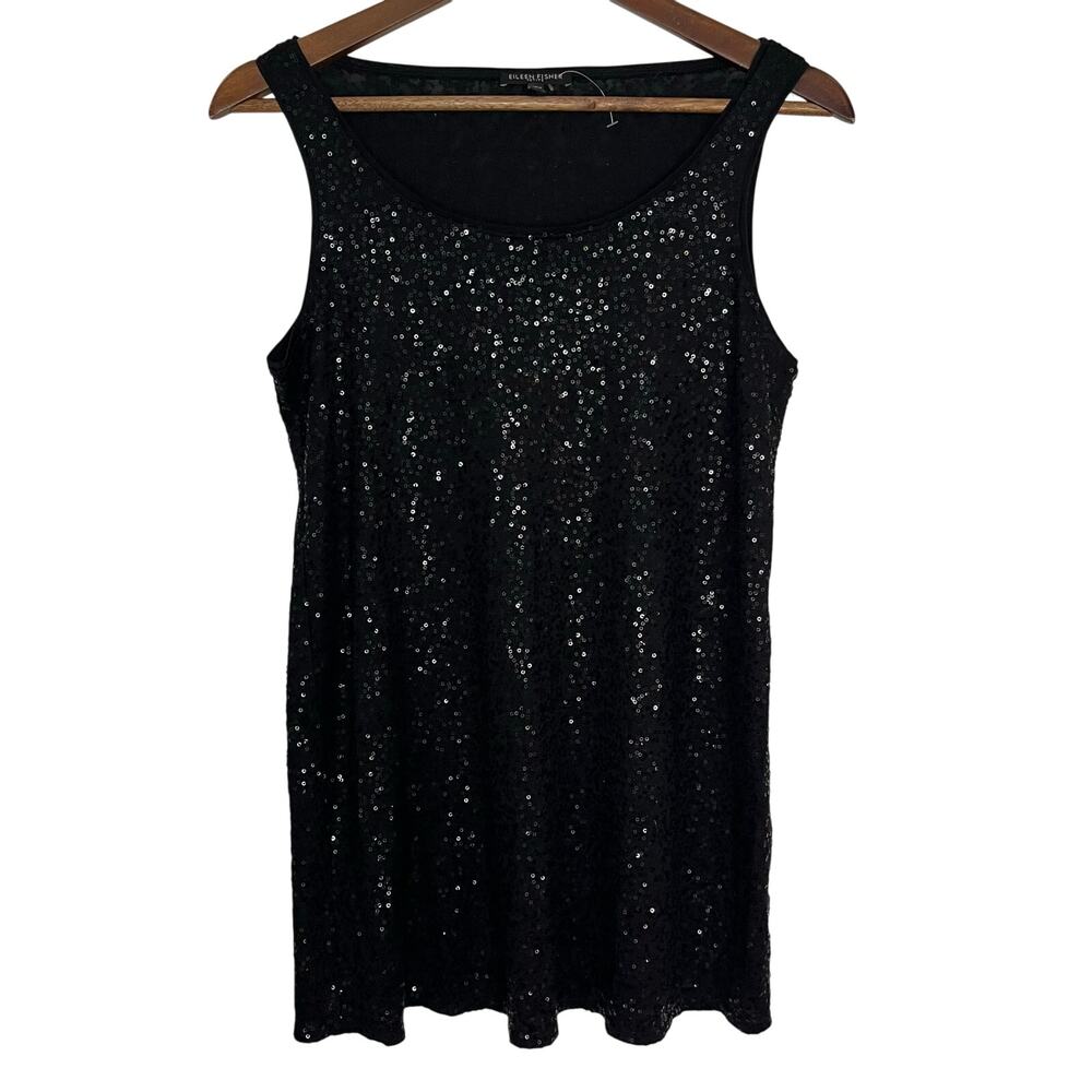 Eileen Fisher 100% Silk Black Sequin Tank Top Shirt Women’s Size M Quiet Luxury